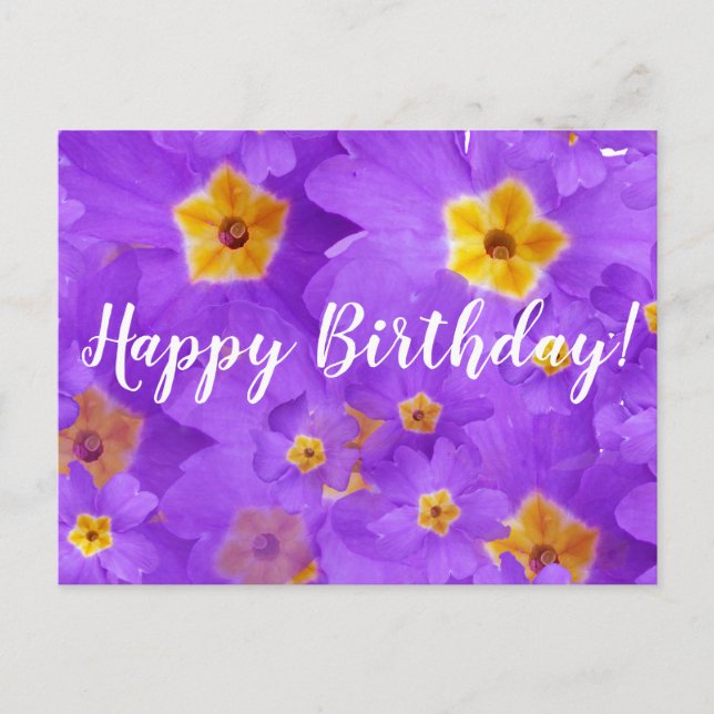 Feliz cumpleaños, postal de flores moradas (Anverso)
