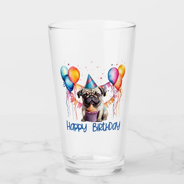 Feliz cumpleaños Pug con torta y globos (Anverso)