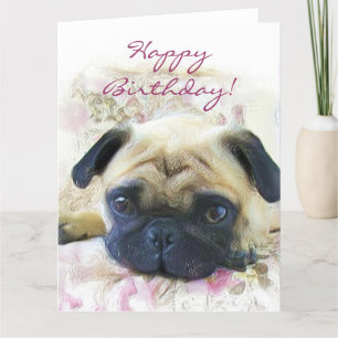 Feliz cumpleaños Pug gran tarjeta de saludo