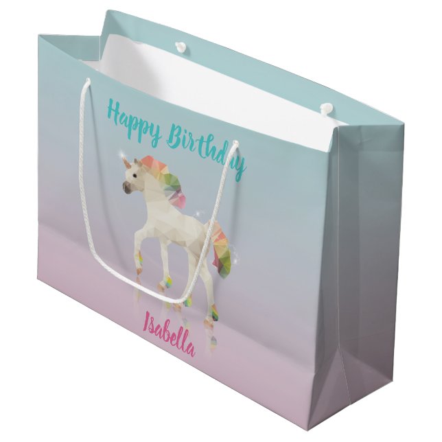 Feliz cumpleaños Rainbow Unicorn Nombre bolsa gran (Angulo Anverso)