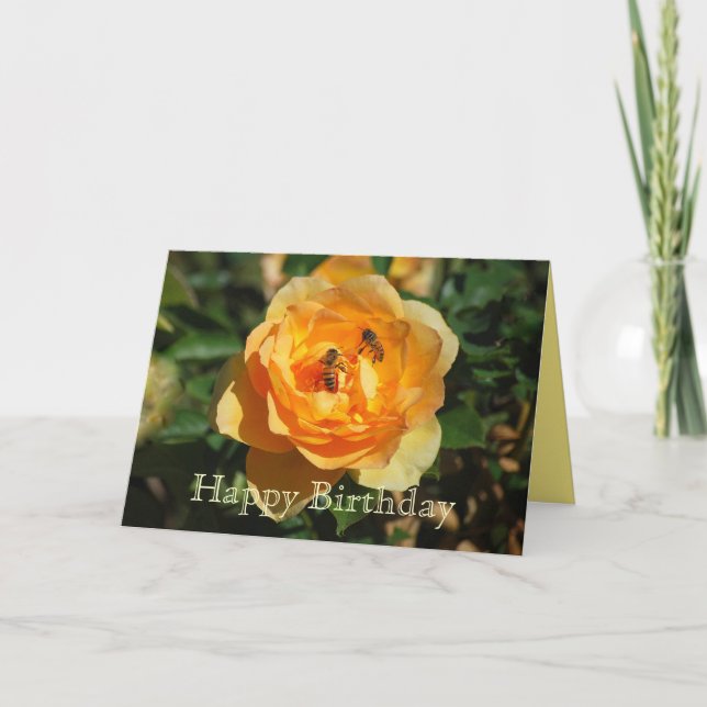 Feliz cumpleaños Rosa Amarilla con tarjeta de abej (Anverso)
