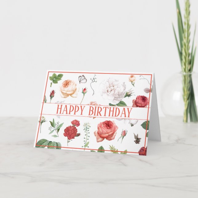 FELIZ CUMPLEAÑOS ROSAS BOTÁNICOS IMPRIMIR TARJETA  (Anverso)