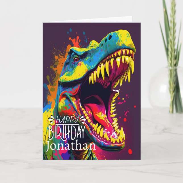 Feliz cumpleaños tarjeta azul de dinosaurio (Anverso)