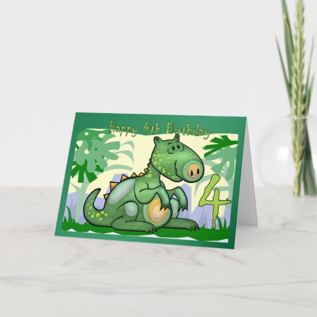 Feliz cumpleaños, tarjeta de dinosaurio 4º cumplea (Anverso)