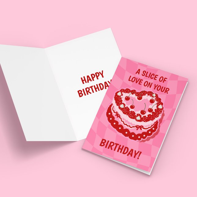 Feliz Cumpleaños Tarjeta de felicitación por paste (Happy Birthday Cake Greeting Card Heart Cherries)