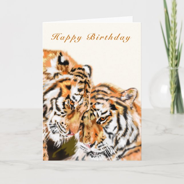 Feliz cumpleaños tarjeta de pareja tigres abrazo (Anverso)