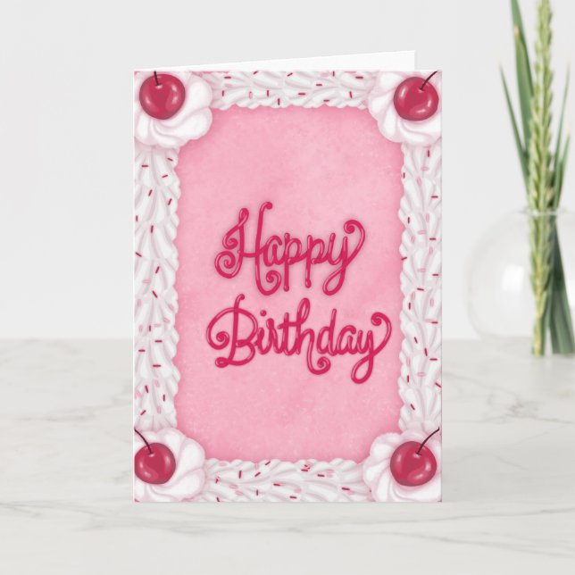 Feliz cumpleaños Tarjeta de pastelería rosa Cherry (Anverso)