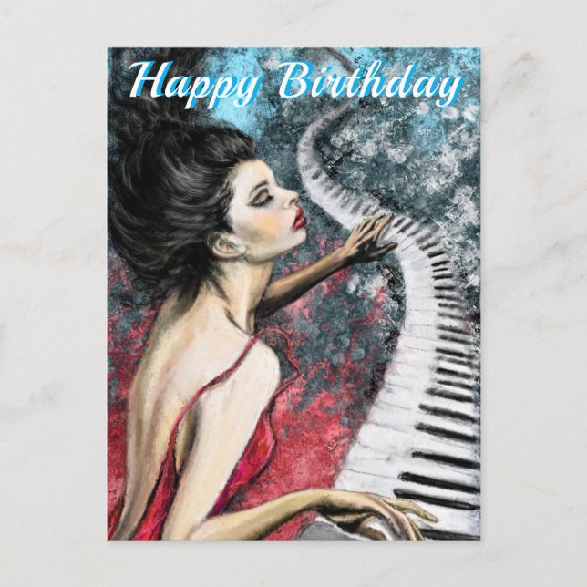 Feliz cumpleaños tarjeta de piano dama de música e (Anverso)