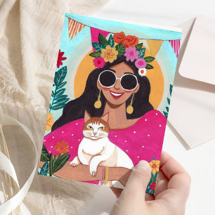 Feliz Cumpleaños Tarjeta Floral de Mujer con Gato