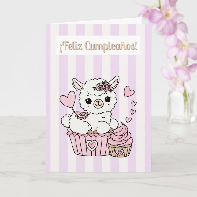 Feliz Cumpleaños Tarjeta Llama Linda Niña Cupcake  (Orquídea)