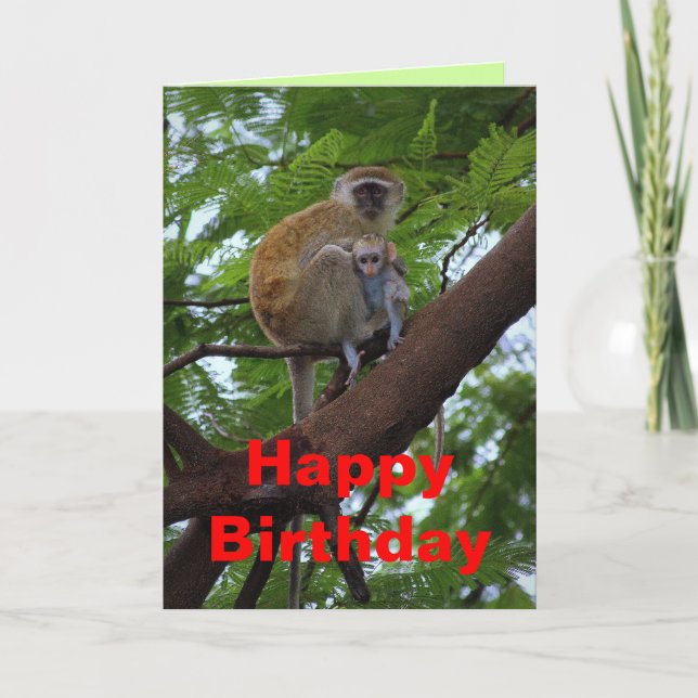 Feliz cumpleaños tarjeta madre e hijo de mono de V (Anverso)