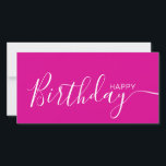 Feliz cumpleaños Tarjeta plana blanca moderna de c<br><div class="desc">Esta moderna y elegante tarjeta plana presenta el texto blanco Happy Birthday en la parte delantera y en la parte trasera lo personaliza con tu nombre o apellido. El fondo es de color rosa caliente.</div>