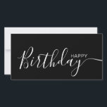Feliz cumpleaños tarjeta plana moderna blanca negr<br><div class="desc">Esta moderna y elegante tarjeta plana presenta el texto blanco Happy Birthday en la parte delantera y en la parte trasera lo personaliza con tu nombre o apellido. El fondo es de color negro.</div>