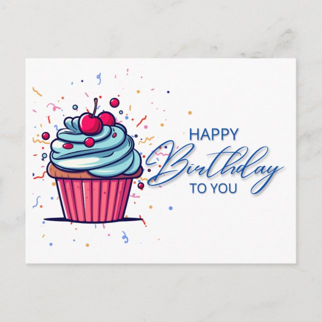 Feliz Cumpleaños: Tarjeta Postal de Cupcake Azul V (Anverso)