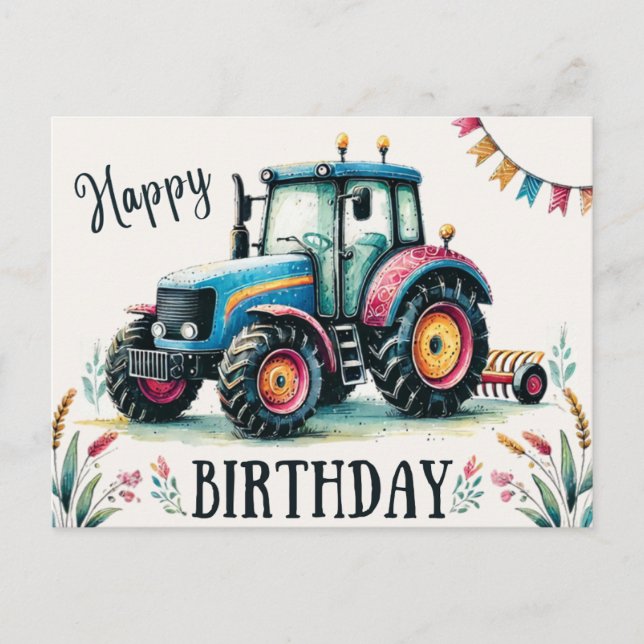 Feliz Cumpleaños Tarjeta Postal del Tractor (Anverso)