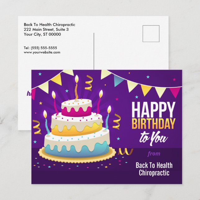 Feliz Cumpleaños tarjeta postal púrpura con velas  (Anverso / Reverso)
