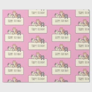 Feliz Cumpleaños Tres Gatos Cutos Papel De Envoltu