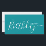 Feliz cumpleaños, Verde azulada tarjeta plana blan<br><div class="desc">Esta moderna y elegante tarjeta plana presenta el texto blanco Happy Birthday en la parte delantera y en la parte trasera lo personaliza con tu nombre o apellido. El fondo es de color verde azulado.</div>