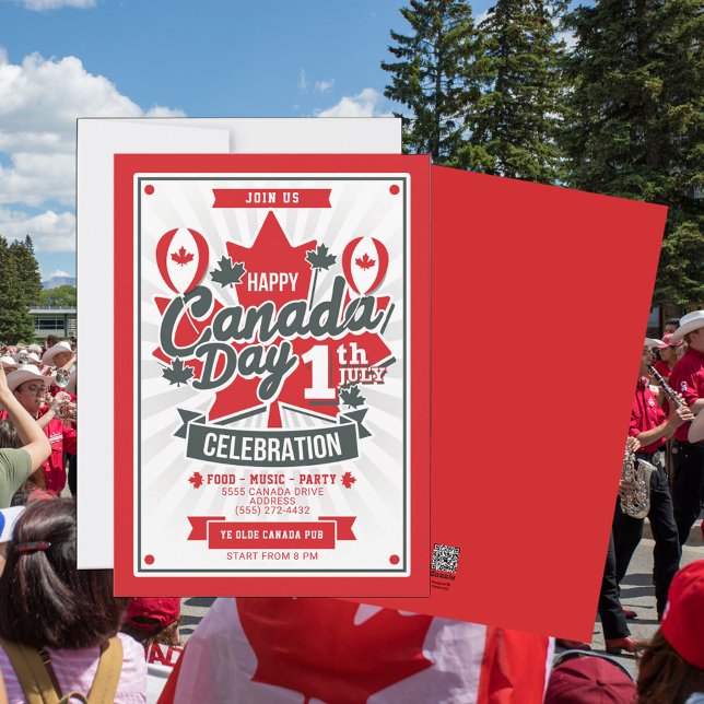 Feliz Día de Canadá Celebración Invitación a comid (Canada Day Celebration with a party invitation with food, music and fun. For family, friends or biz)