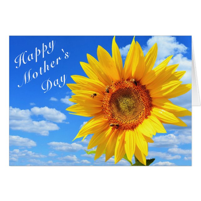 Feliz Día de la Madre Girasol y abejas en el cielo (Anverso (Horizontal))