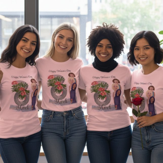 Feliz Día de la Mujer | 8 de marzo: camiseta rosa (Happy Women's Day  March 8th Pink T-Shirt- showing diversified women matching T_shirt  )