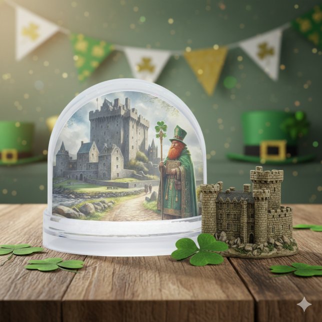 Feliz día de San Patricio (St. Patrick’s Day snow globe mockup with Blarney Castle and shamrock on rustic wood table.)