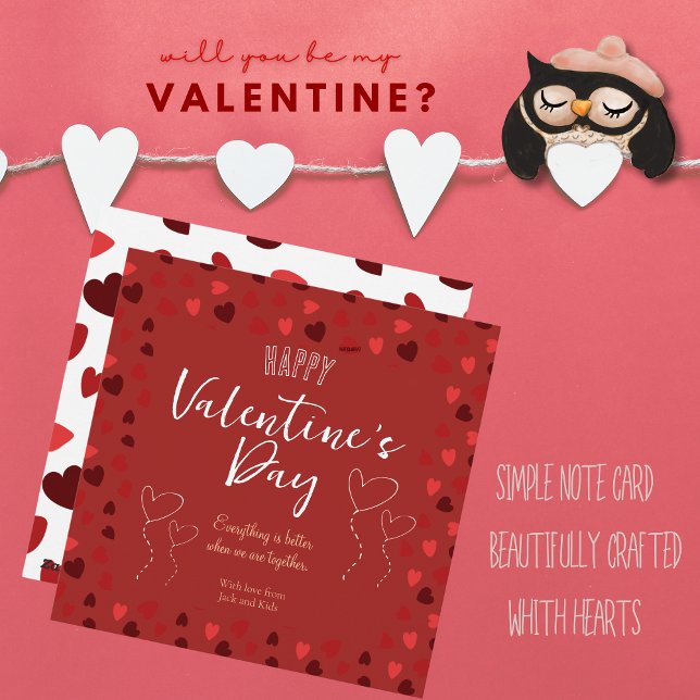 Feliz Día de San Valentín, tarjeta roja con corazo (Happy Valentine's Day Red Card with hearts)