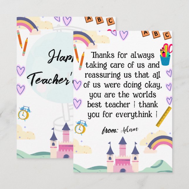 Feliz día del profesor tarjeta de agradecimiento (Anverso / Reverso)