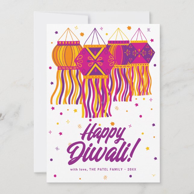 Feliz Diwali Purple Pink Gold Lantern Tarjeta de l (Anverso)