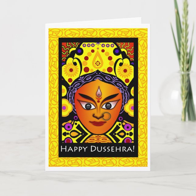 Feliz Dussehra, tarjeta de felicitación de la dios (Anverso)
