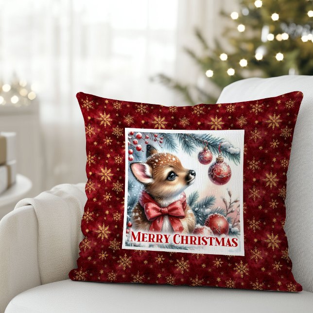 Feliz escena de invierno, almohada de Navidad de c (Happy winter scene baby fawn Christmas pillow (48))