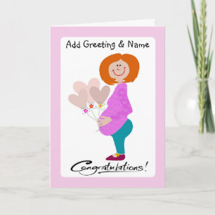 Feliz esperado mamá sosteniendo una tarjeta de glo