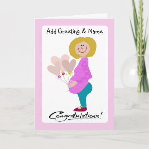 Feliz esperado mamá sosteniendo una tarjeta de glo