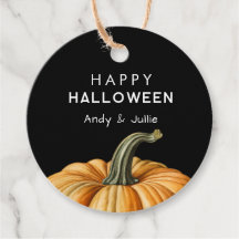 Feliz etiqueta de regalo de Halloween con calabaza