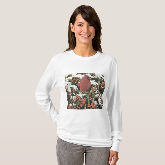Feliz feriado cardenal Long Sleeve Camisa de Mujer (Anverso completo)