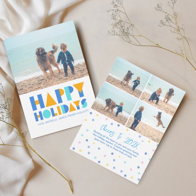 Feliz feriado colorido Collage de fotos tarjeta de (Happy Holidays Confetti 5 Photo Greeting Card)