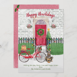 Feliz feriado Doberman Bicicleta Puerta Roja