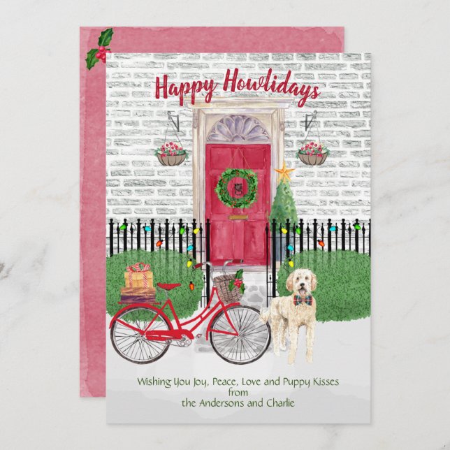 Feliz feriado Goldendoodle Bicicleta Puerta Roja (Anverso / Reverso)
