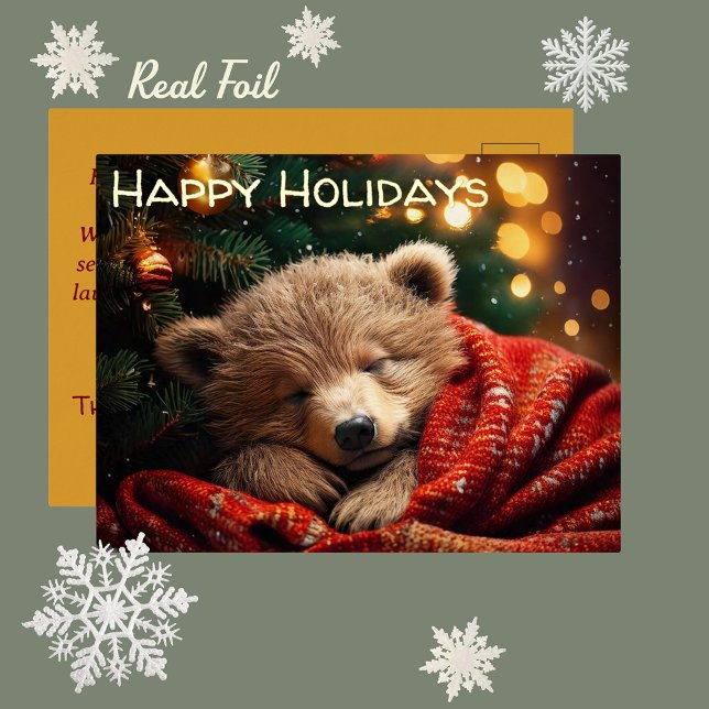 Feliz feriado Navidades con tarjeta postal del oso (Sleeping Bear Cub Real Foil Christmas Holiday Postcard. Happy Mail Snail Mail Pen Pal greeting card)