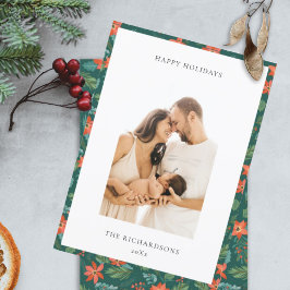 Feliz Foto Patrón Floral de Navidad Verde Rojo