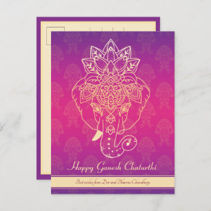 Feliz Ganesh Chaturthi, texto propio, postal púrpu