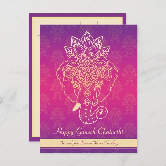 Feliz Ganesh Chaturthi, texto propio, postal púrpu (Anverso / Reverso)
