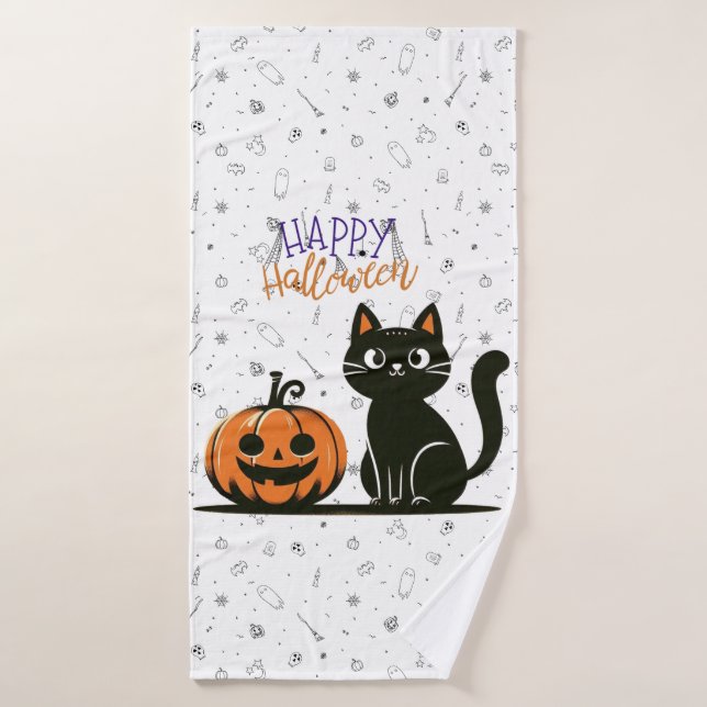 Feliz gato y calabaza de Halloween (Toalla de baño)