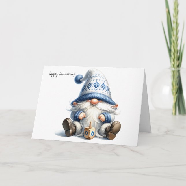 Feliz Gnome judío Hanukkah con tarjeta Dreidel (Anverso)