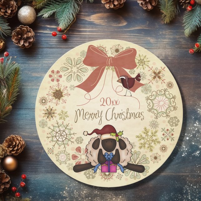 Feliz guerra de Navidad con Santa Oveja y Pájaro (Front - Merry Christmas Wreath with Santa Sheep and Bird Holiday Card)