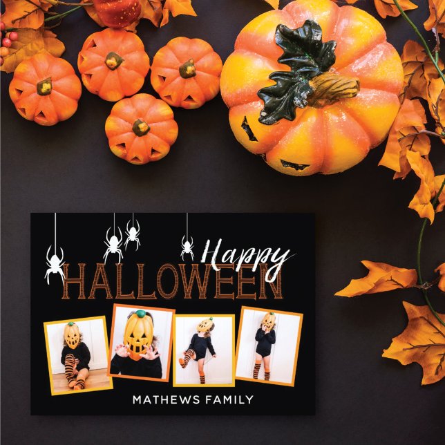 Feliz Halloween 4 Fotoarañas | Tarjeta (Send out these cute Halloween cards to your friends and family featuring spiders and photo frames.)