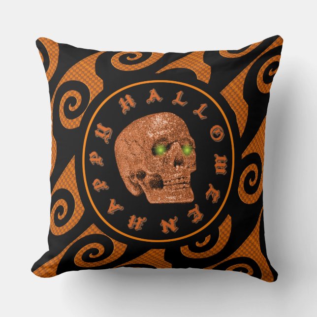 Feliz Halloween Almohada de Cráneo con Purpurina p (Anverso)