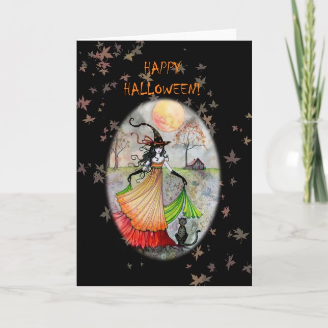 Feliz Halloween Bruja Gato Tarjeta (Anverso)