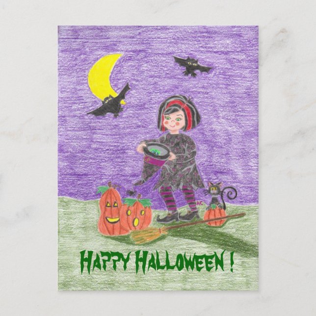 ¡Feliz Halloween Bruja Niño Tarjeta Postal ! (Anverso)