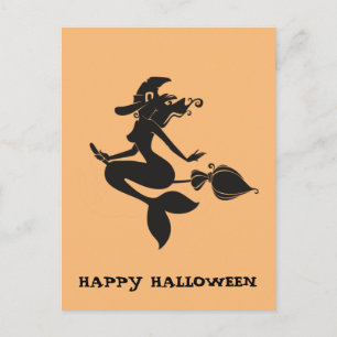 Feliz Halloween Bruja Sirena en Escoba Tarjeta Pos